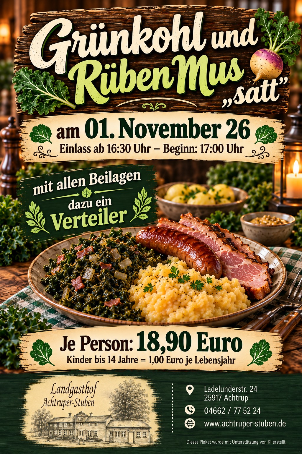 Plakat Grünkohl und Rüben Mus „satt“